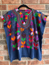 Navy Short Sleeve Multicolor Blusa de Maíz L/XL