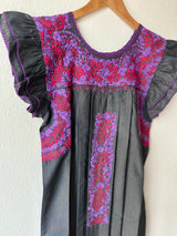 Dark Gray with Magenta and Purple Embroidery Flutter Sleeve Felicia Dress