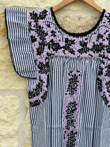 Black and White Stripe with Lavender and Black Embroidery Flutter Sleeve Felicia Dress