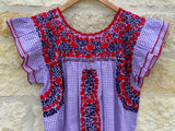 Purple and White Check With Deep Purple and Red Embroidery Flutter Sleeve Felicia Dress
