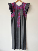 Dark Gray with Magenta and Purple Embroidery Flutter Sleeve Felicia Dress