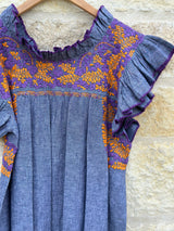 NEW: Light Gray with Orange and Lavender Embroidery Flutter Sleeve/Ruffle Neck Felicia Dress