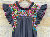 NEW: Dark Gray with Multicolor Embroidery Flutter Sleeve/Ruffle Neck Felicia Dress