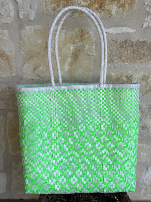 Lime Green and White Woven Tote