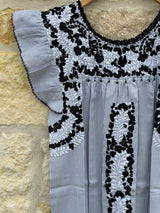 Gray and White Stripe with White and Black Embroidery Flutter Sleeve Felicia Dress