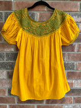 Short Sleeve Marigold and Green Floral Tia Top