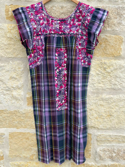 Plaid with Purple, Pink and White Embroidery Flutter Sleeve Felicia Dress