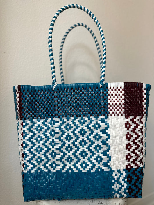 Blue, White and Maroon Woven Tote