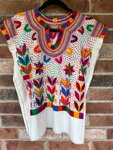 White Short Sleeve Multicolor Blusa de Maíz