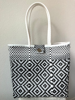 Black and White Woven Tote with Clasp