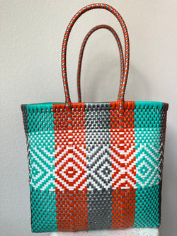 Orange, Turquoise, White and Silver Woven Tote