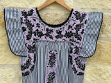 Black and White Stripe with Lavender and Black Embroidery Flutter Sleeve Felicia Dress
