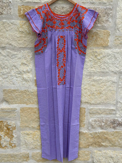 Purple and White Check With Gray and Orange Embroidery Flutter Sleeve Felicia Dress