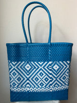 Turquoise Blue and White Woven Tote
