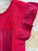 Red and Navy Check with Red Embroidery Flutter Sleeve Felicia Dress