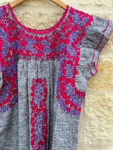 Gray Linen/Cotton with Magenta and Purple Embroidery Flutter Sleeve Felicia Dress