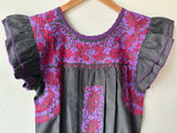 Dark Gray with Magenta and Purple Embroidery Flutter Sleeve Felicia Dress