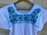 White with Turquoise Puebla Blouse M