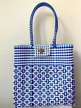 Blue and White Woven Tote with Clasp