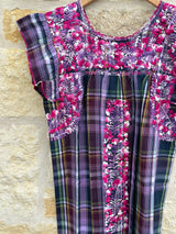 Plaid with Purple, Pink and White Embroidery Flutter Sleeve Felicia Dress