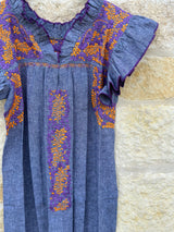 NEW: Light Gray with Orange and Lavender Embroidery Flutter Sleeve/Ruffle Neck Felicia Dress