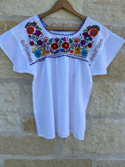 White with Multicolor Puebla Blouse M