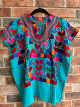 Turquoise Short Sleeve Multicolor Blusa de Maíz XL
