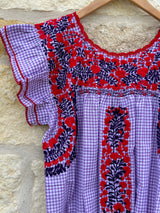 Purple and White Check With Deep Purple and Red Embroidery Flutter Sleeve Felicia Dress