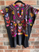 Black Short Sleeve Multicolor Blusa de Maíz L/XL