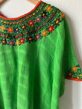 Bright Green with Multicolor Huipil de Coban