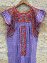 Purple and White Check With Gray and Orange Embroidery Flutter Sleeve Felicia Dress