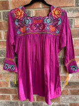 Fucshia Long Sleeve Blusa Punto de Cruz