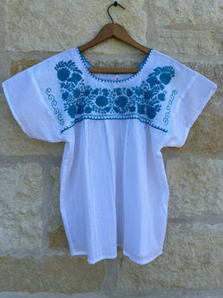 White with Turquoise Puebla Blouse M