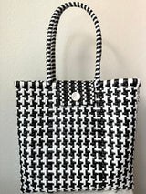 Black and White Gingham Woven Tote with Clasp