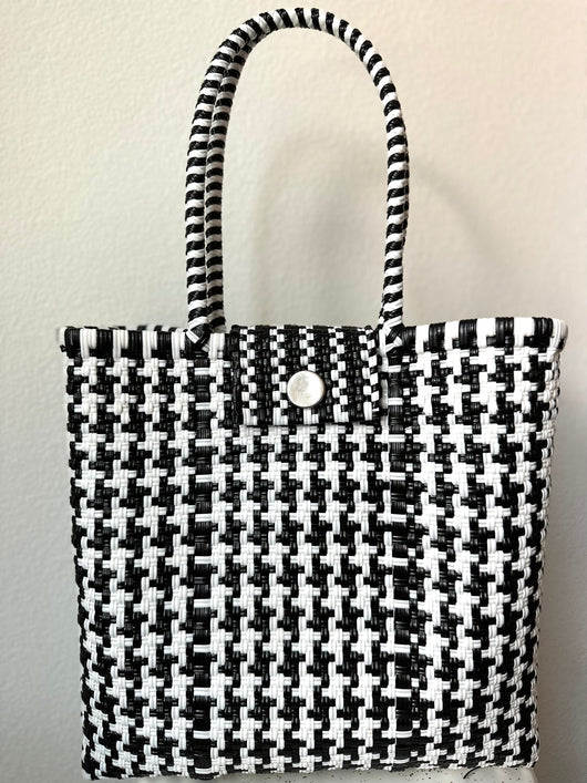 Black and White Gingham Woven Tote with Clasp