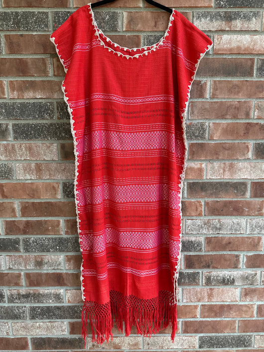 Coral, Silver and Tan Huipil de Telar Dress Mi Tia Coral, Silver and Tan Huipil de Telar Dress Mi Tia