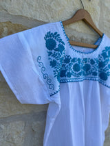 White with Turquoise Puebla Blouse M