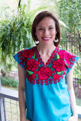 Teal with Red and Magenta La Bohemia Blouse