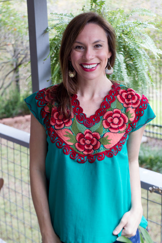 Green with Melon and Red La Bohemia Blouse