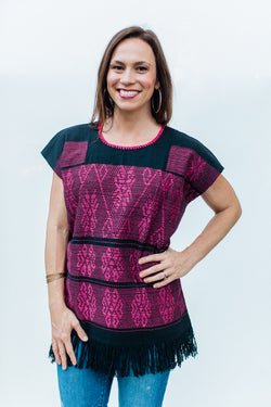 Black and Magenta Oaxaca Fringe Top-L/XL