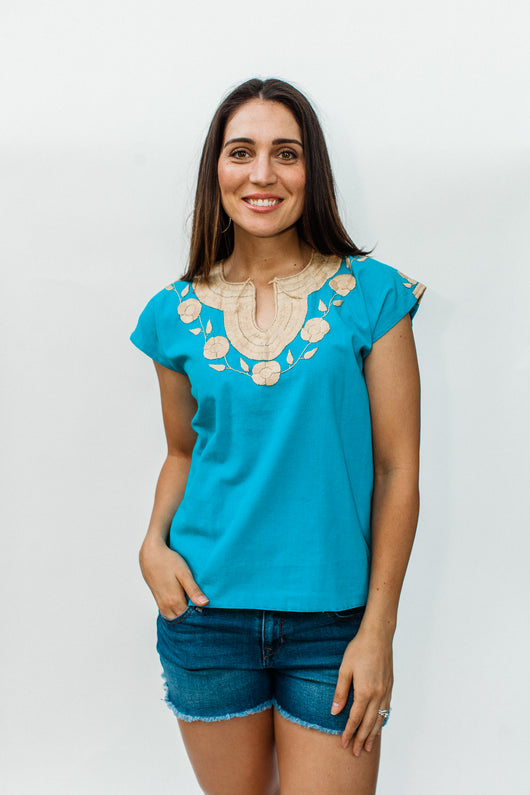 Turquoise and Beige Chamula Blouse