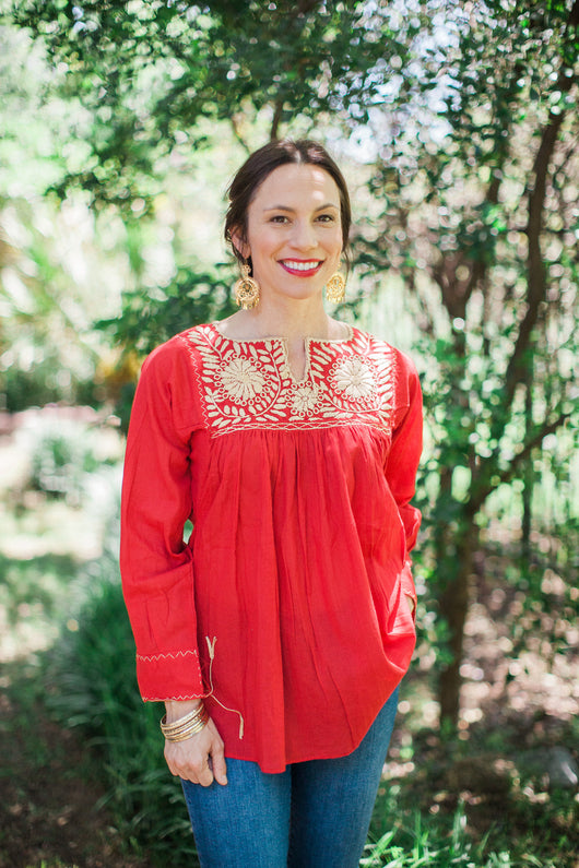 Red and Beige Chiapas Tunic