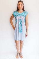 Blue and White Pin Stripe with Turquoise Felicia Dress