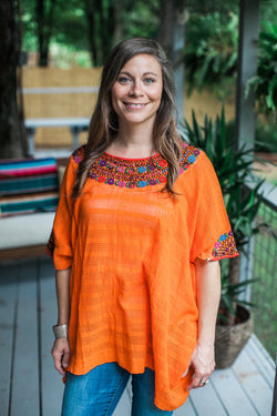 Orange with Multicolor Huipil de Coban