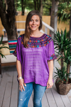 Purple with Multicolor Huipil de Coban