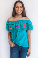 Turquoise Campesina Blouse Con Flores