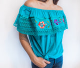 Turquoise Campesina Blouse Con Flores