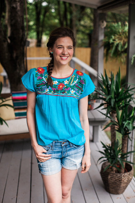 Teal with Multicolor Puebla Blouse