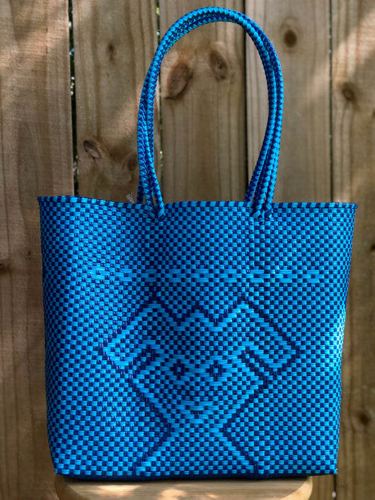 Turquoise and Navy Puppy Woven Tote