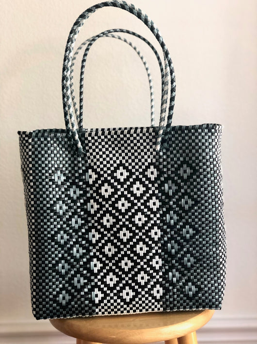 Black, White and Light Blue Woven Tote